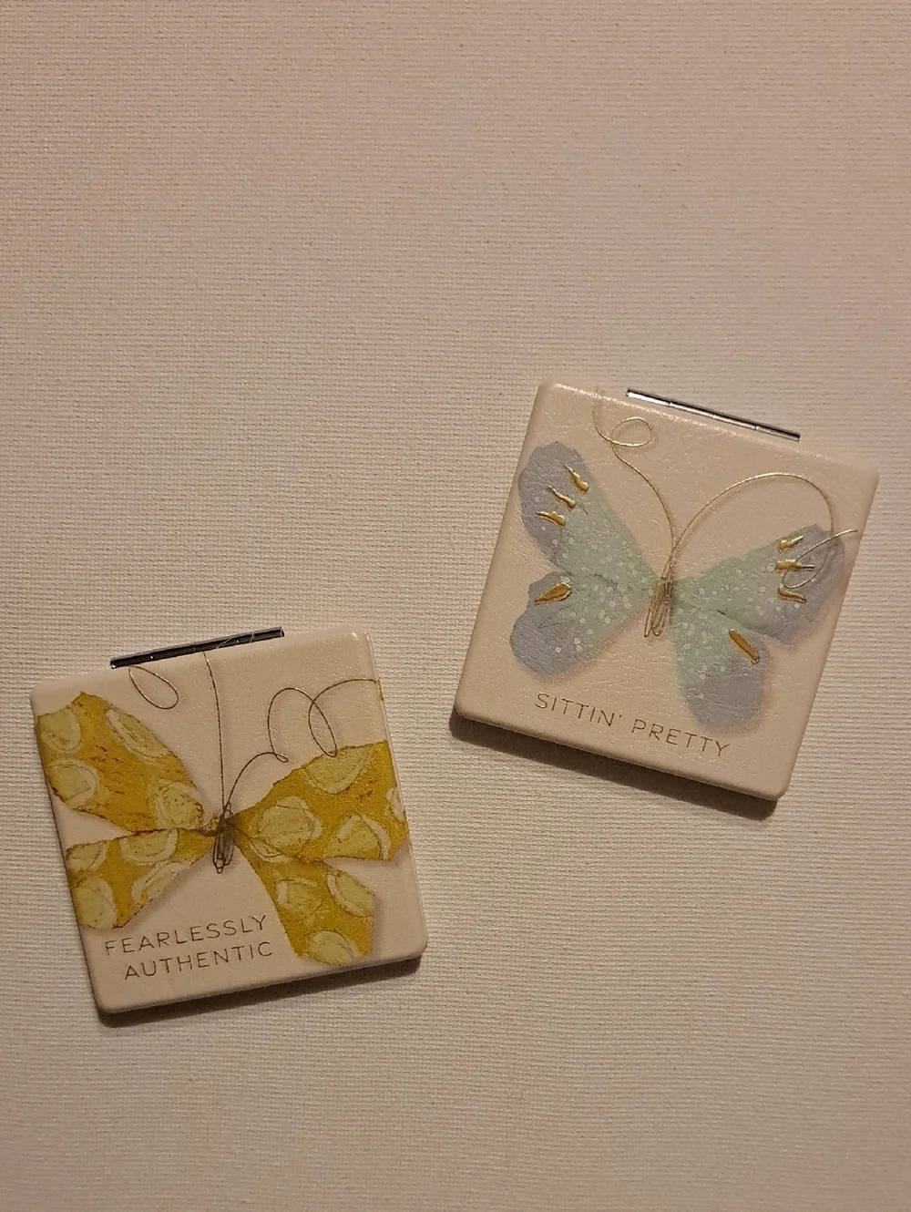 Bundle of 2 Butterfly Compact Mirrors - Yellow & Mint with Gold Detailing